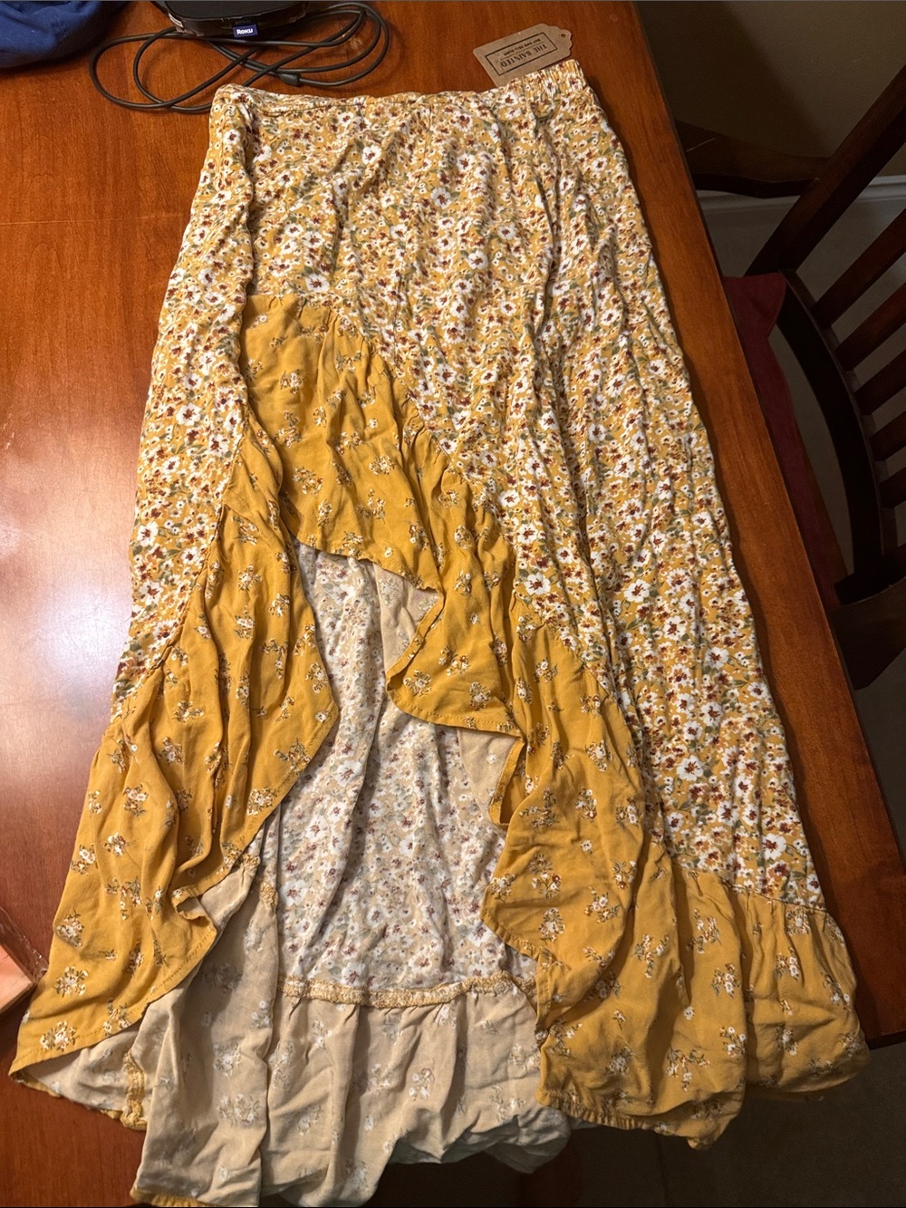 Vintage Mustard Yellow Floral High-Low Ruffle Skirt